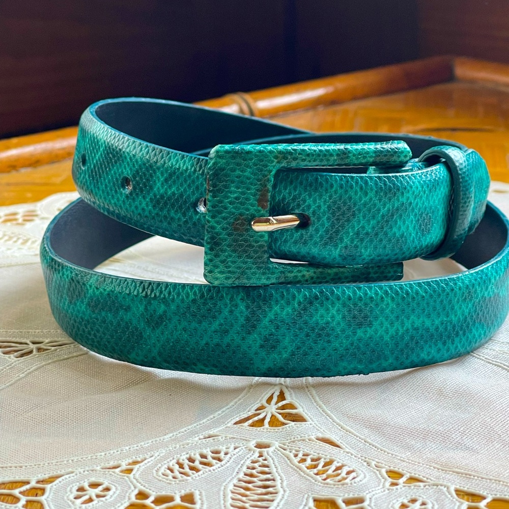 Vintage leather belt turquoise Italian faux snakeskin